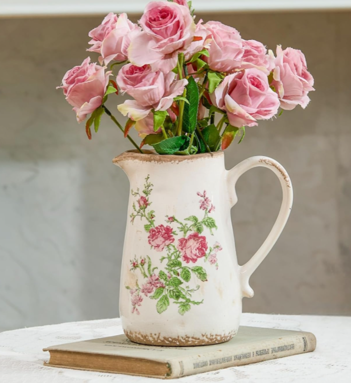 French Style Floral Distressed Cream White Pitcher Vase